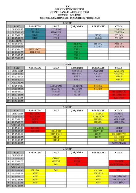 2025-2026 HEYKEL BÖLÜMÜ GÜZ DÖNEMİ DERS PROGRAMI